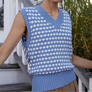 Varley Blue and White V-Neck Sweater